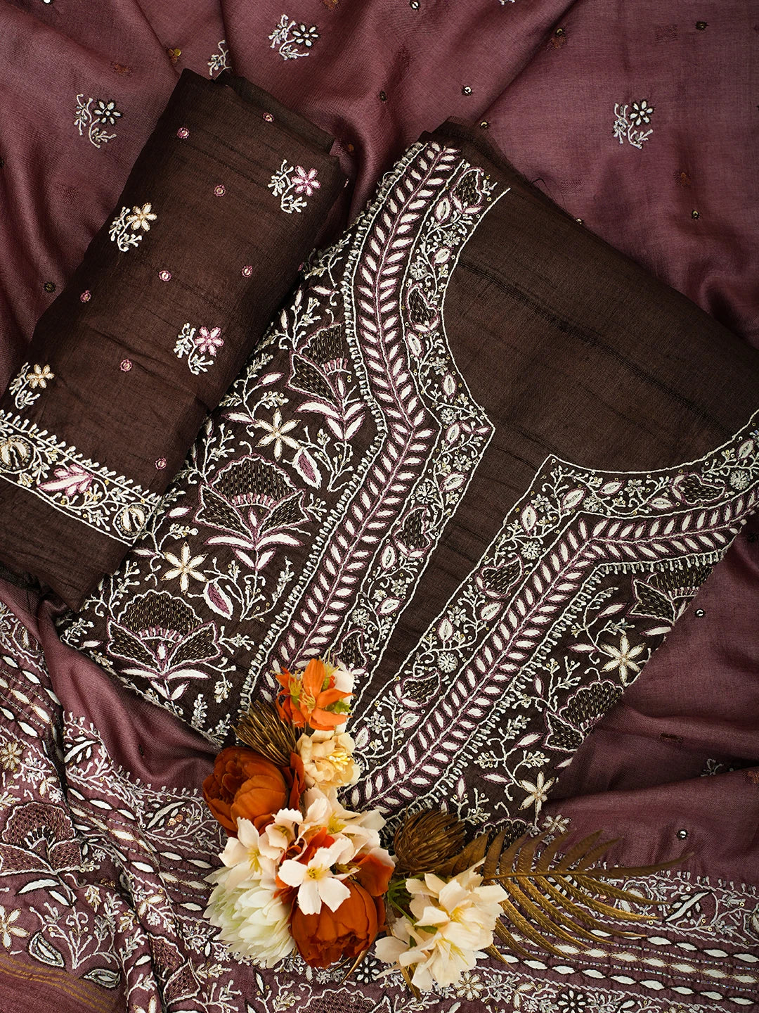 Ada Hand Embroidered Brown Tussar Lucknowi Chikankari Unstitched Suit Piece With Cutdana Work 01A338919