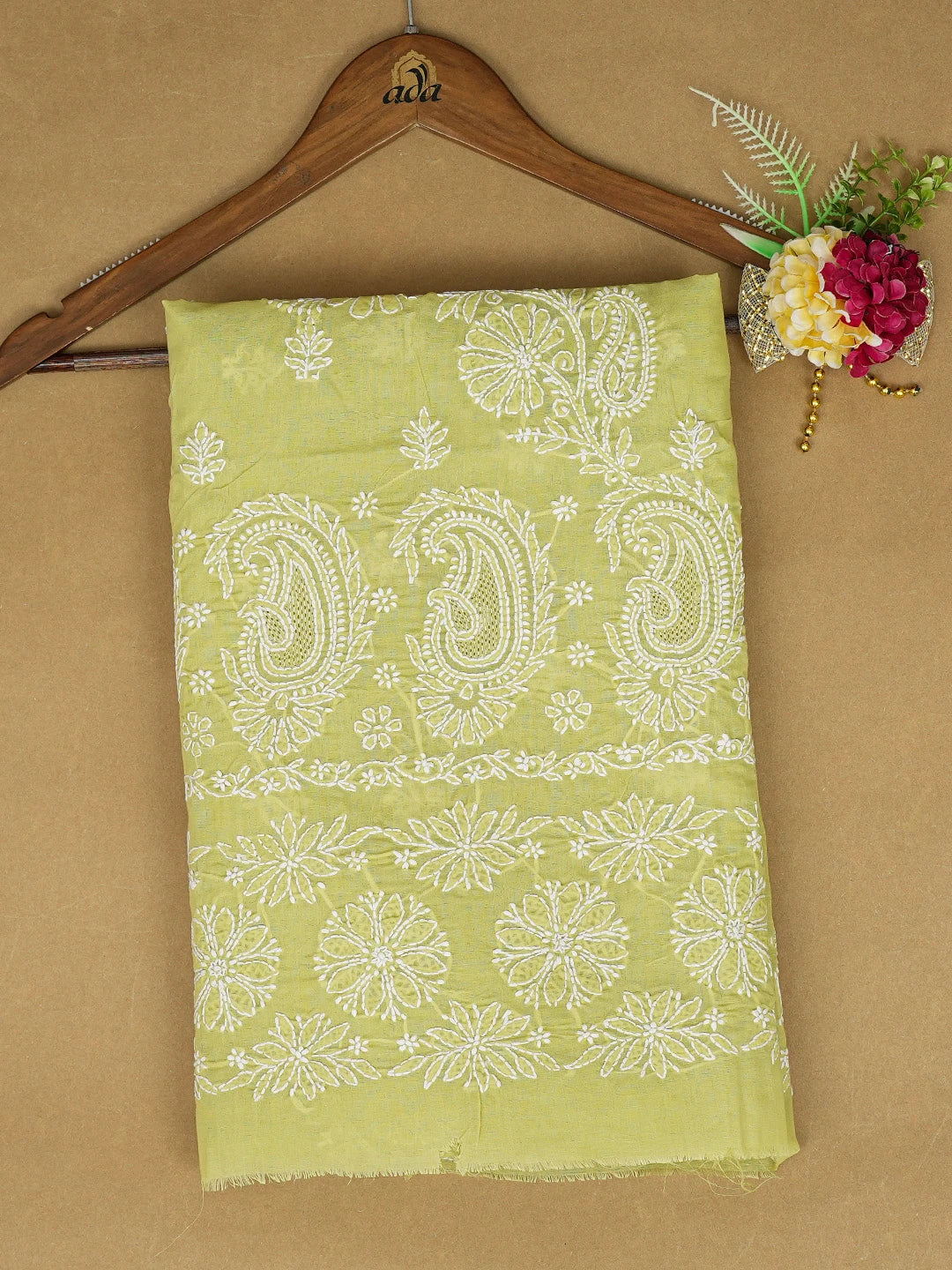 Ada Hand Embroidered Green Cotton Lucknowi Chikankari Unstitched Kurta Piece 01A712140