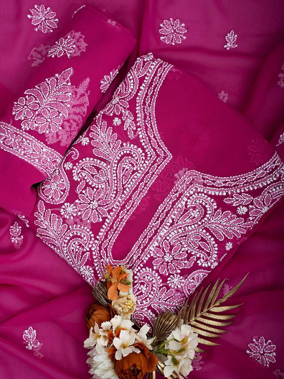 Ada Hand Embroidered Magenta Georgette Lucknowi Chikankari Unstitched Suit Piece 01A711166