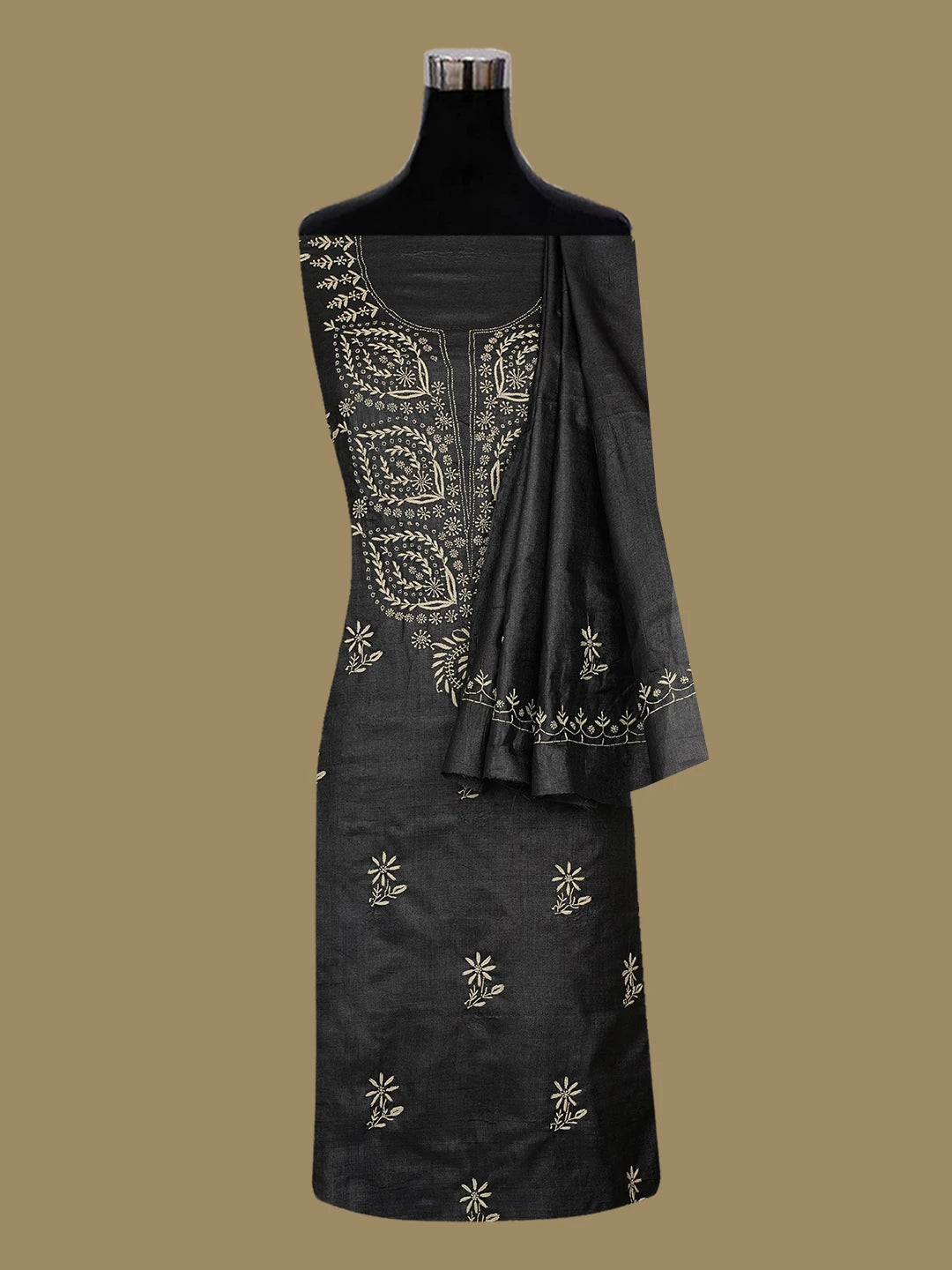Ada Hand Embroidered Black Silk Lucknowi Chikankari Unstitched Kurta Dupatta Set 01A710905