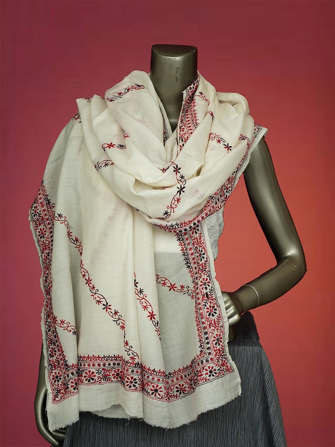 Ada Hand Embroidered White Pashmina Lucknowi Chikankari Do Taar Shawl 01A536061
