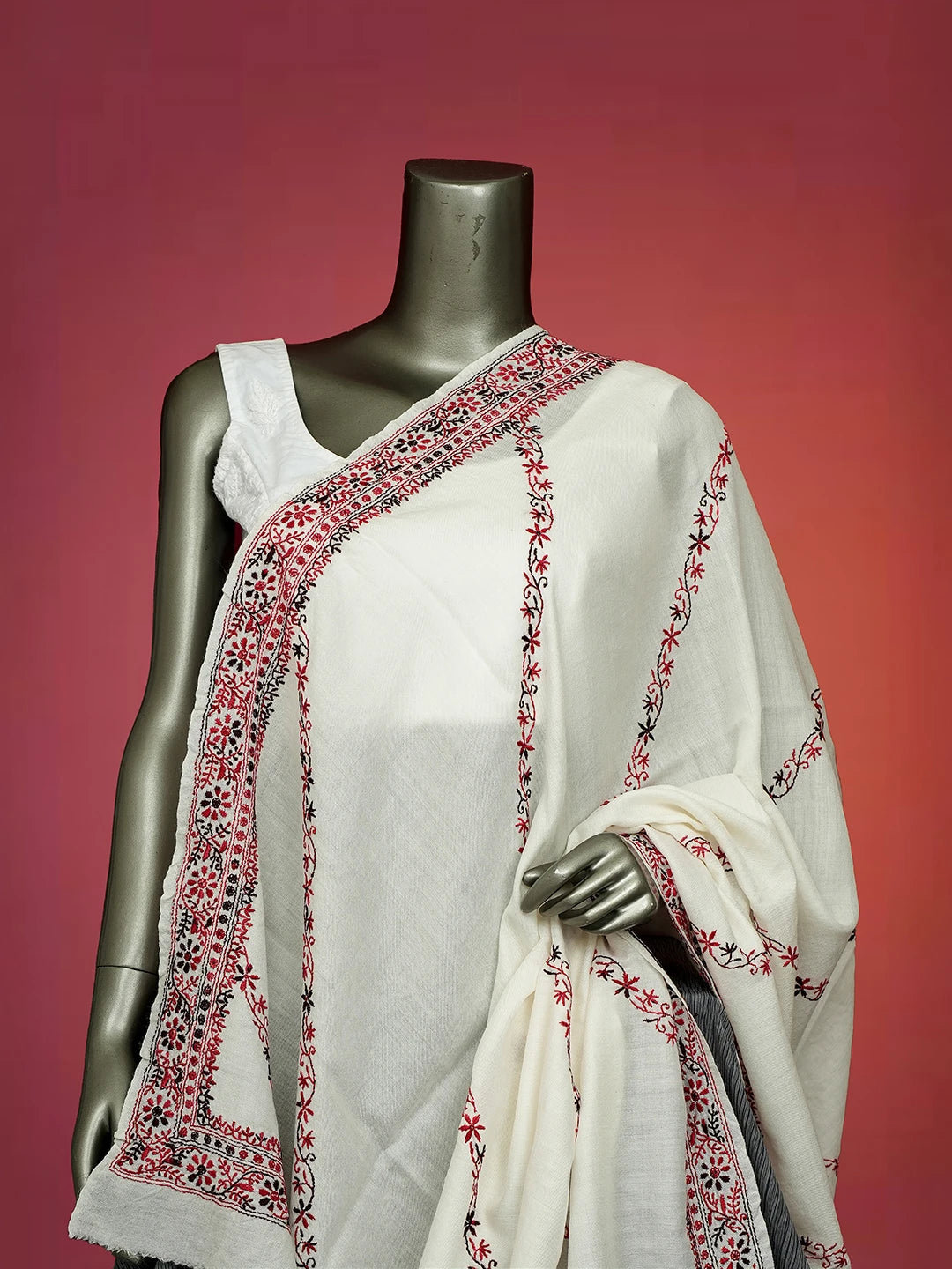 Ada Hand Embroidered White Pashmina Lucknowi Chikankari Do Taar Shawl 01A536061