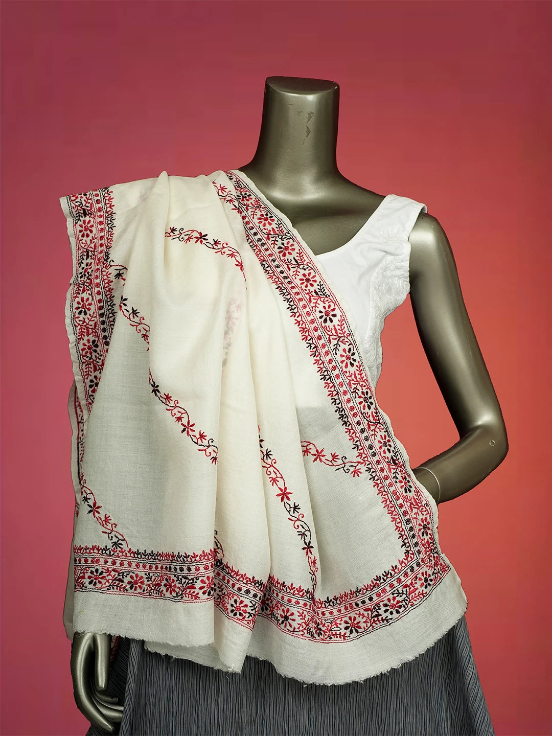 Ada Hand Embroidered White Pashmina Lucknowi Chikankari Do Taar Shawl 01A536061