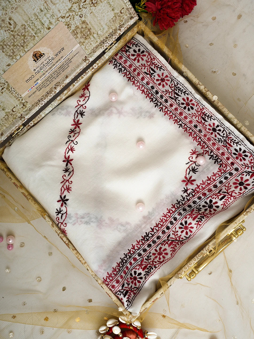 Ada Hand Embroidered White Pashmina Lucknowi Chikankari Do Taar Shawl 01A536061