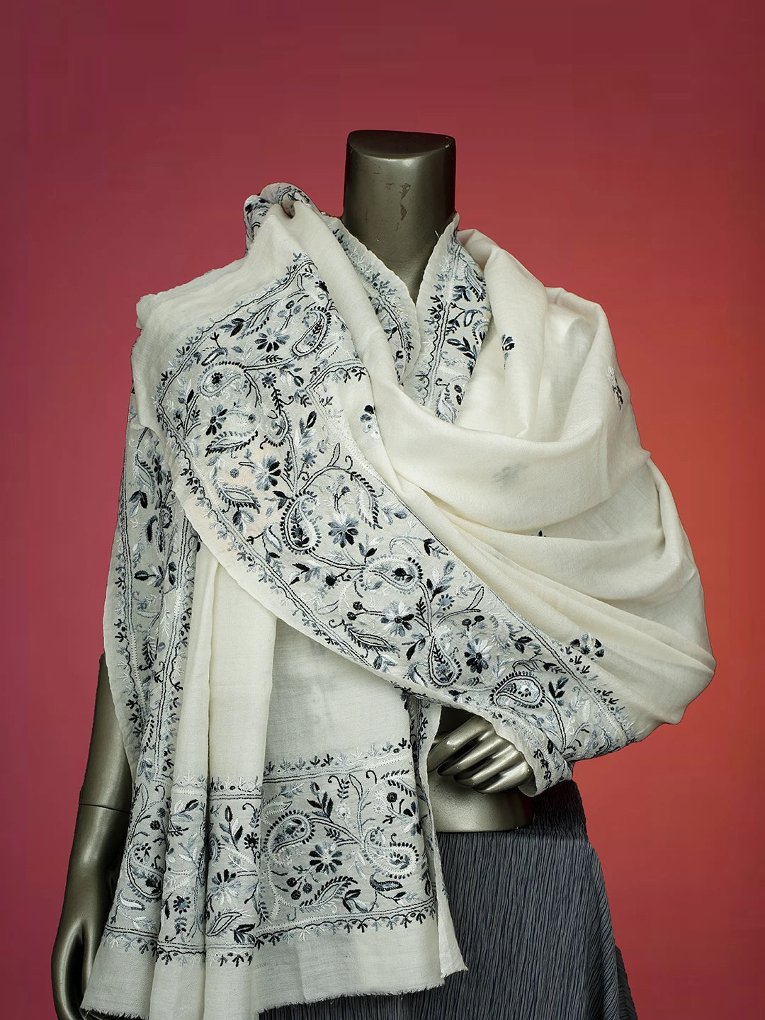 Ada Hand Embroidered White Pashmina Lucknowi Chikankari Do Taar Shawl 01A536052