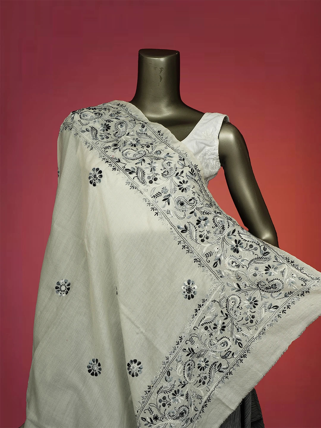 Ada Hand Embroidered White Pashmina Lucknowi Chikankari Do Taar Shawl 01A536052