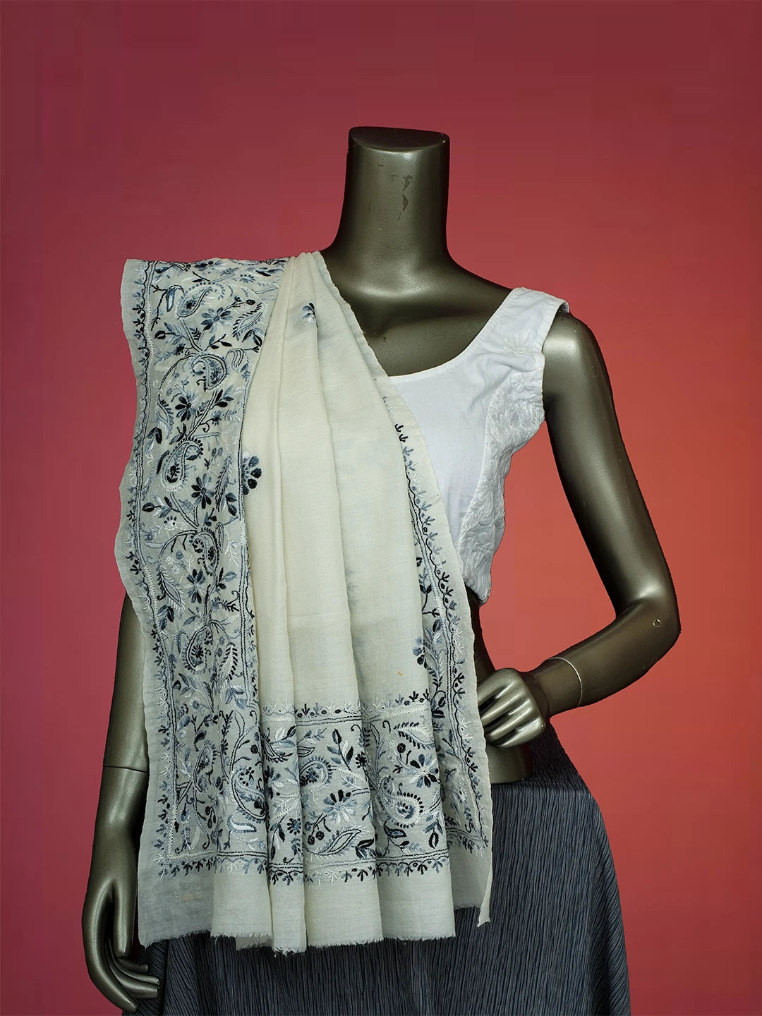 Ada Hand Embroidered White Pashmina Lucknowi Chikankari Do Taar Shawl 01A536052