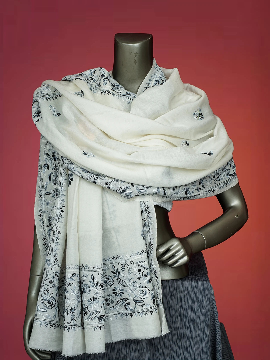 Ada Hand Embroidered White Pashmina Lucknowi Chikankari Do Taar Shawl 01A536052