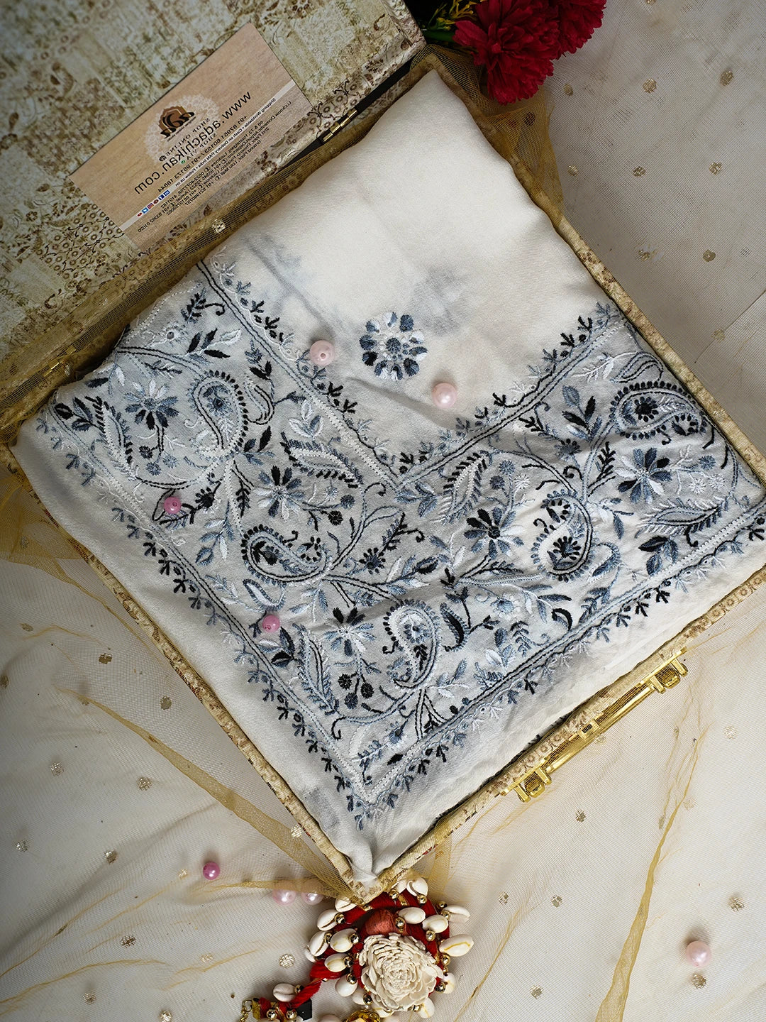 Ada Hand Embroidered White Pashmina Lucknowi Chikankari Do Taar Shawl 01A536052