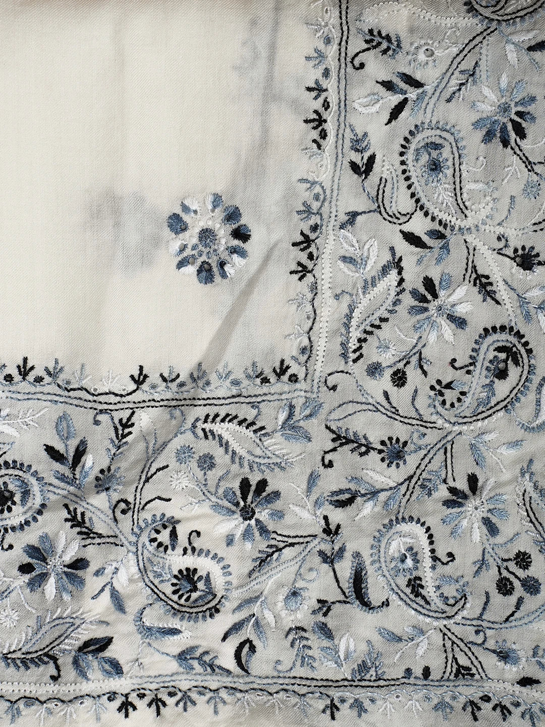 Ada Hand Embroidered White Pashmina Lucknowi Chikankari Do Taar Shawl 01A536052