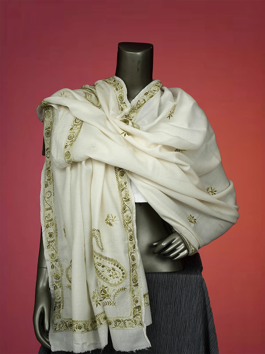 Ada Hand Embroidered White Pashmina Lucknowi Chikankari Do Taar Shawl 01A536070