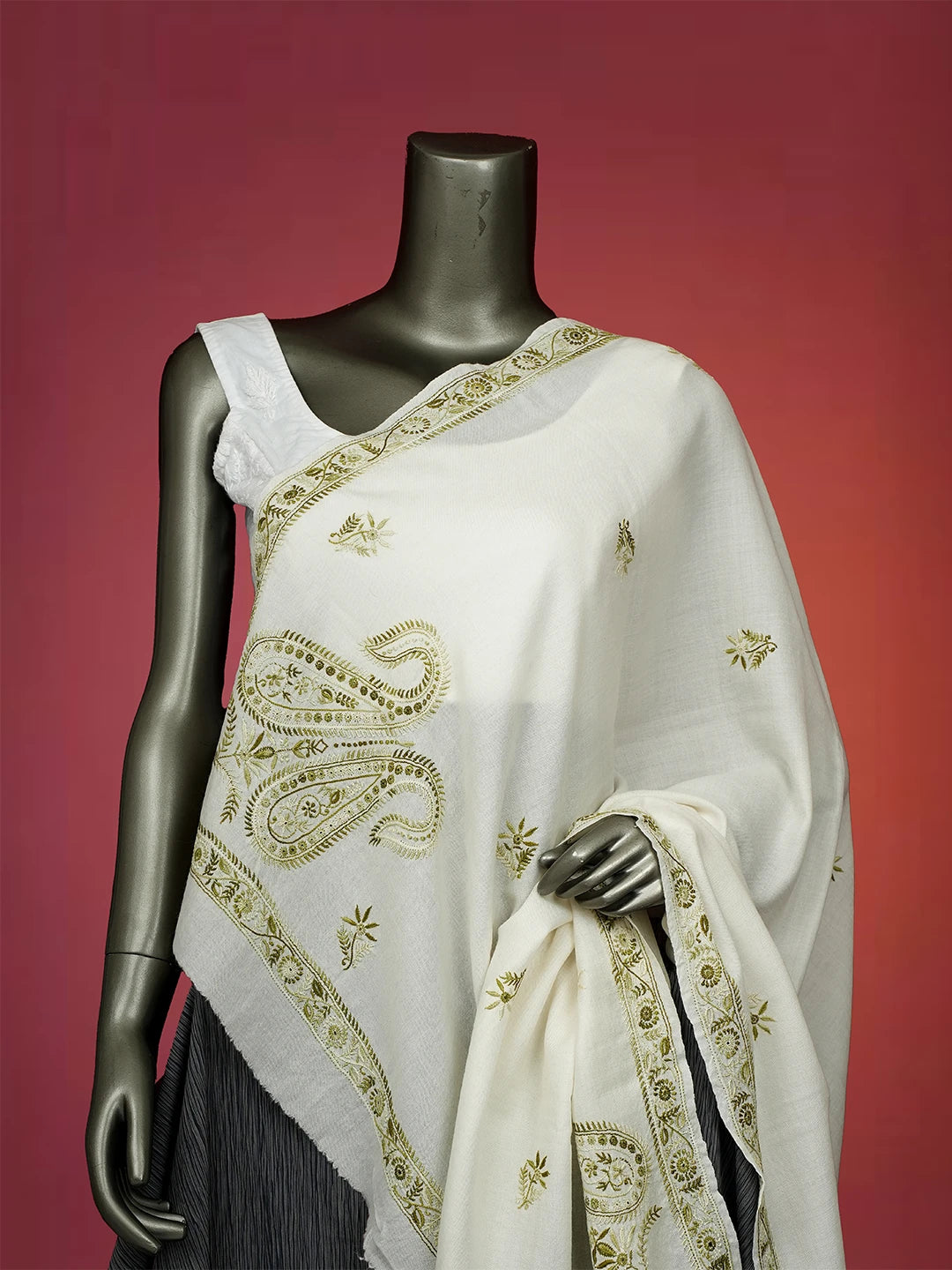 Ada Hand Embroidered White Pashmina Lucknowi Chikankari Do Taar Shawl 01A536070