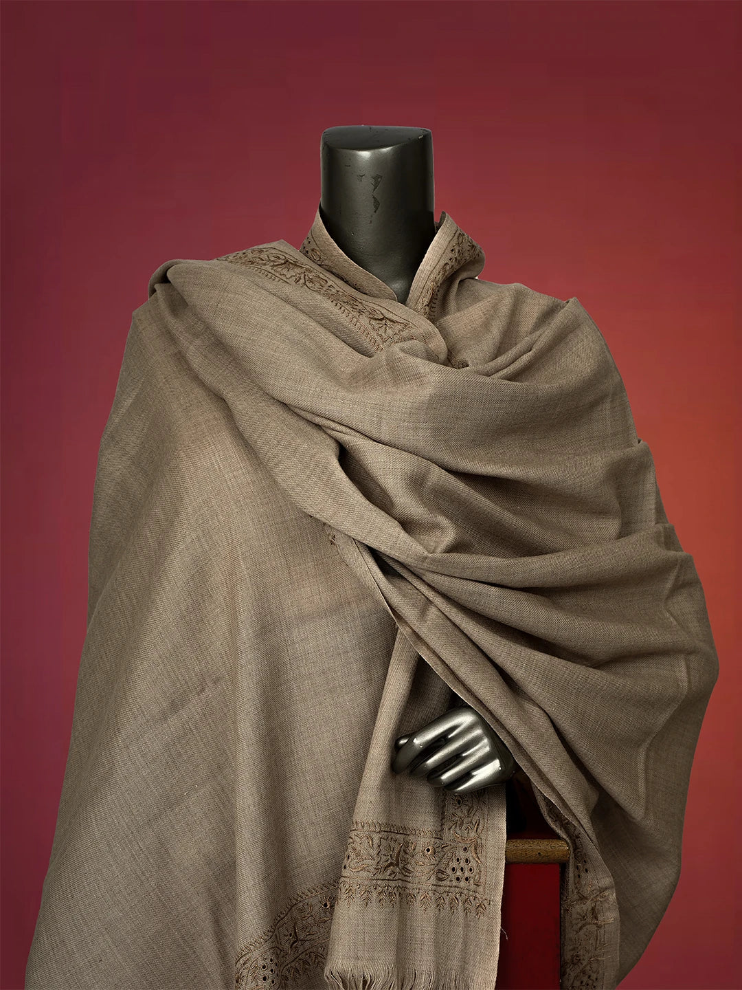 Ada Hand Embroidered Fawn Woolen Lucknowi Chikankari Chaar Taar Shawl 01A310104