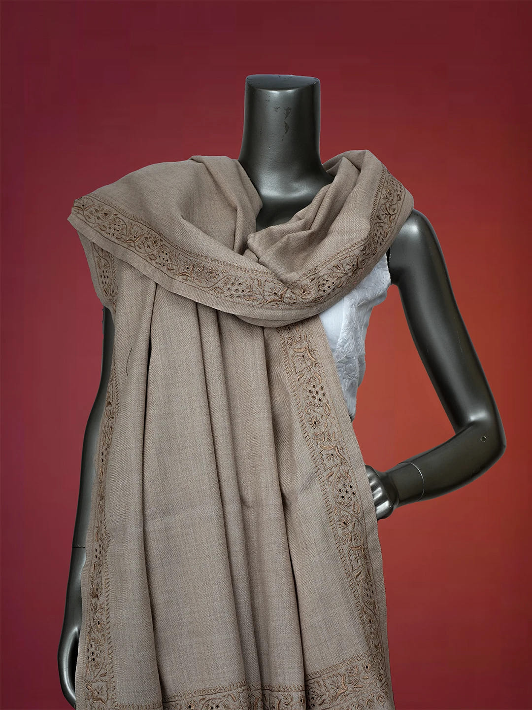Ada Hand Embroidered Fawn Woolen Lucknowi Chikankari Chaar Taar Shawl 01A310104