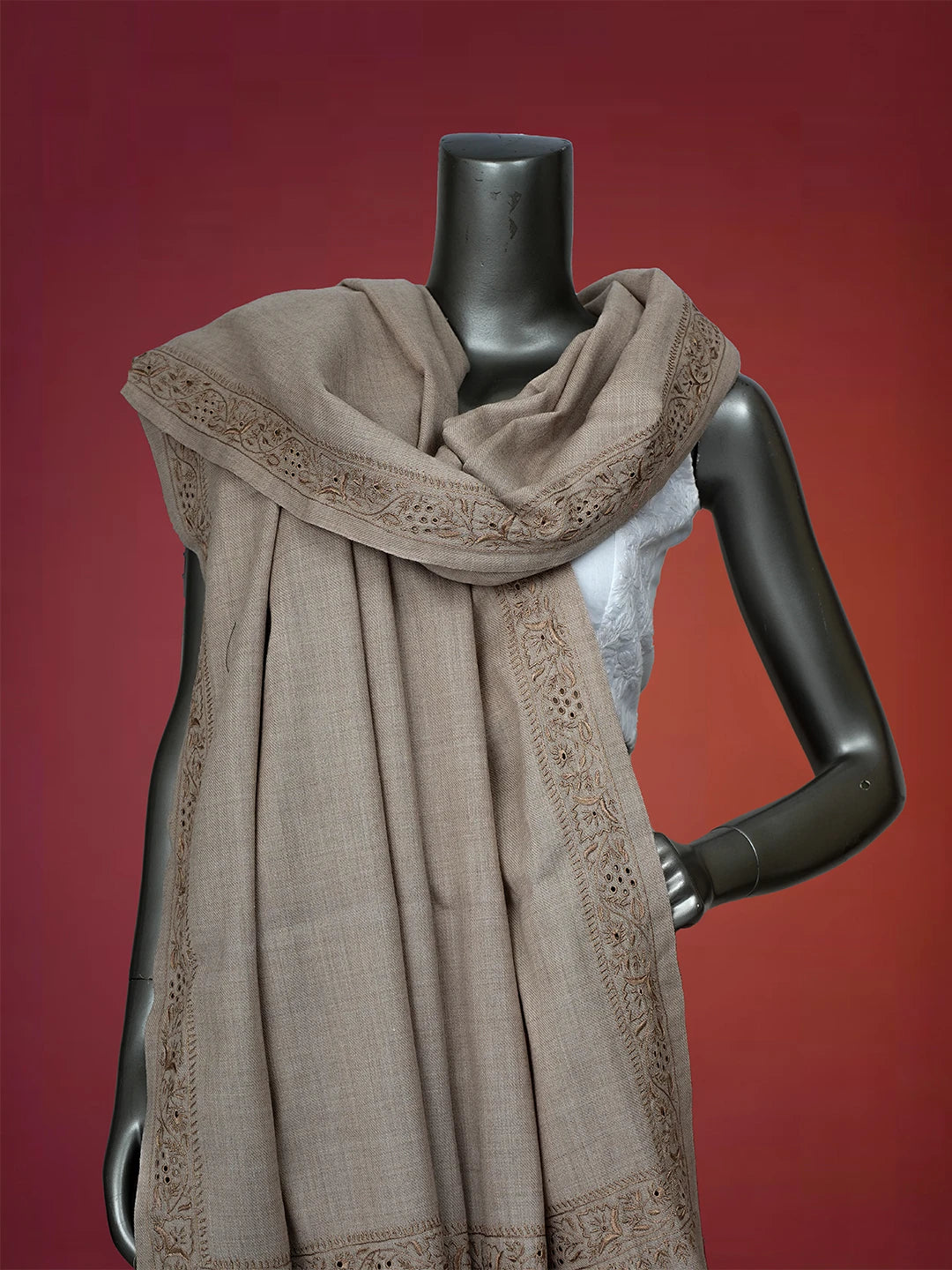 Ada Hand Embroidered Fawn Woolen Lucknowi Chikankari Chaar Taar Shawl 01A310104