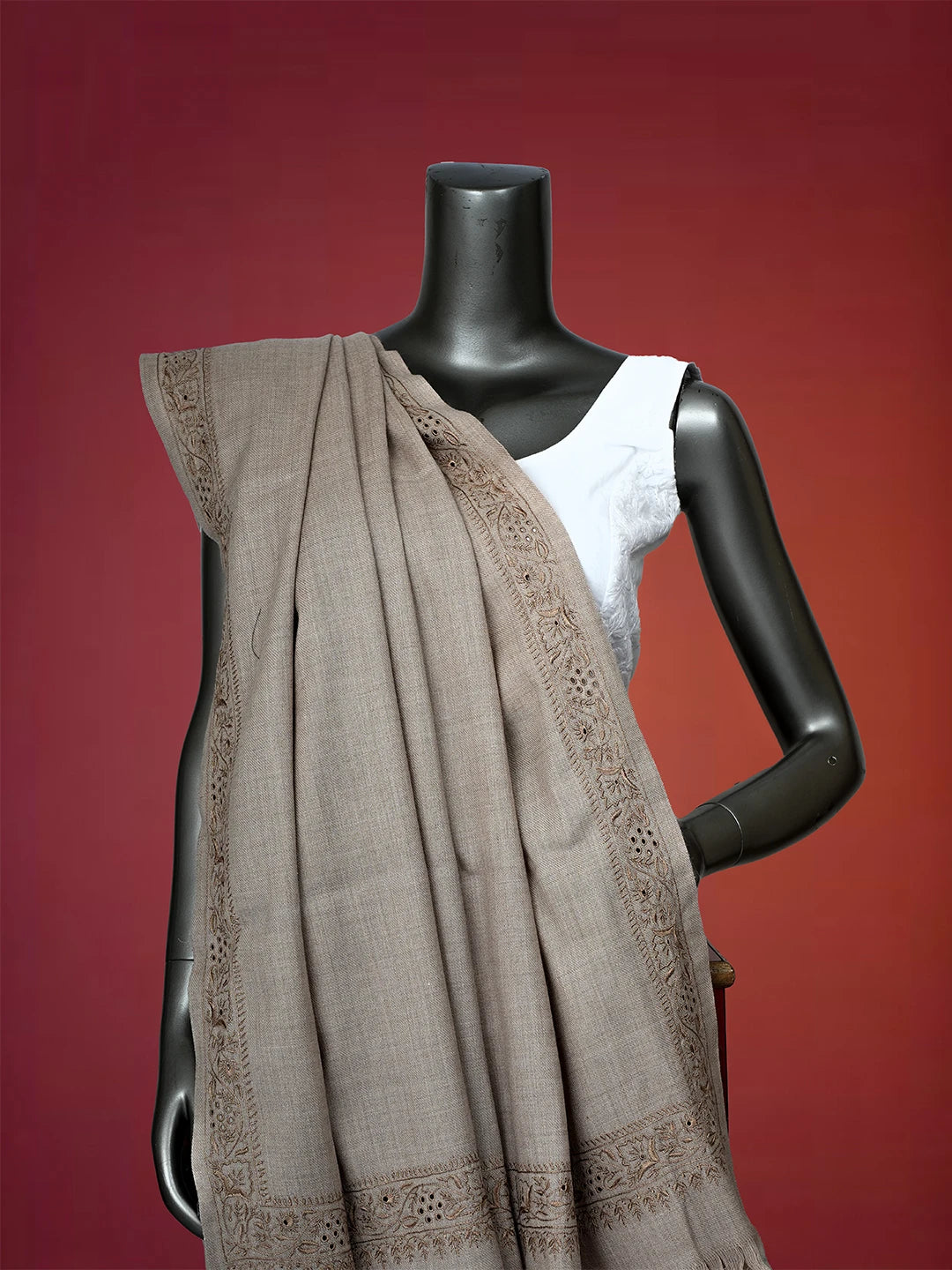 Ada Hand Embroidered Fawn Woolen Lucknowi Chikankari Chaar Taar Shawl 01A310104
