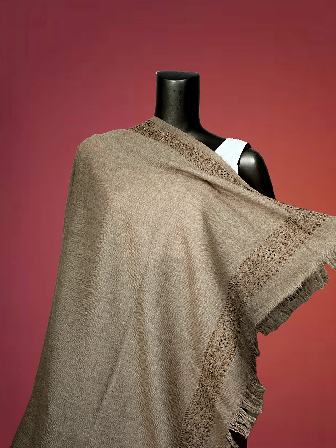 Ada Hand Embroidered Fawn Woolen Lucknowi Chikankari Chaar Taar Shawl 01A310104
