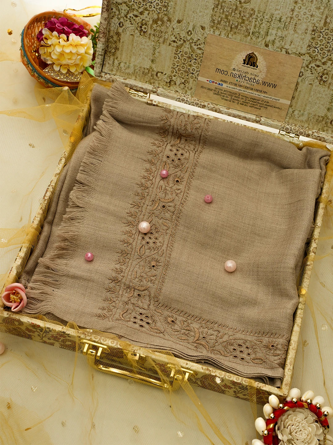 Ada Hand Embroidered Fawn Woolen Lucknowi Chikankari Chaar Taar Shawl 01A310104
