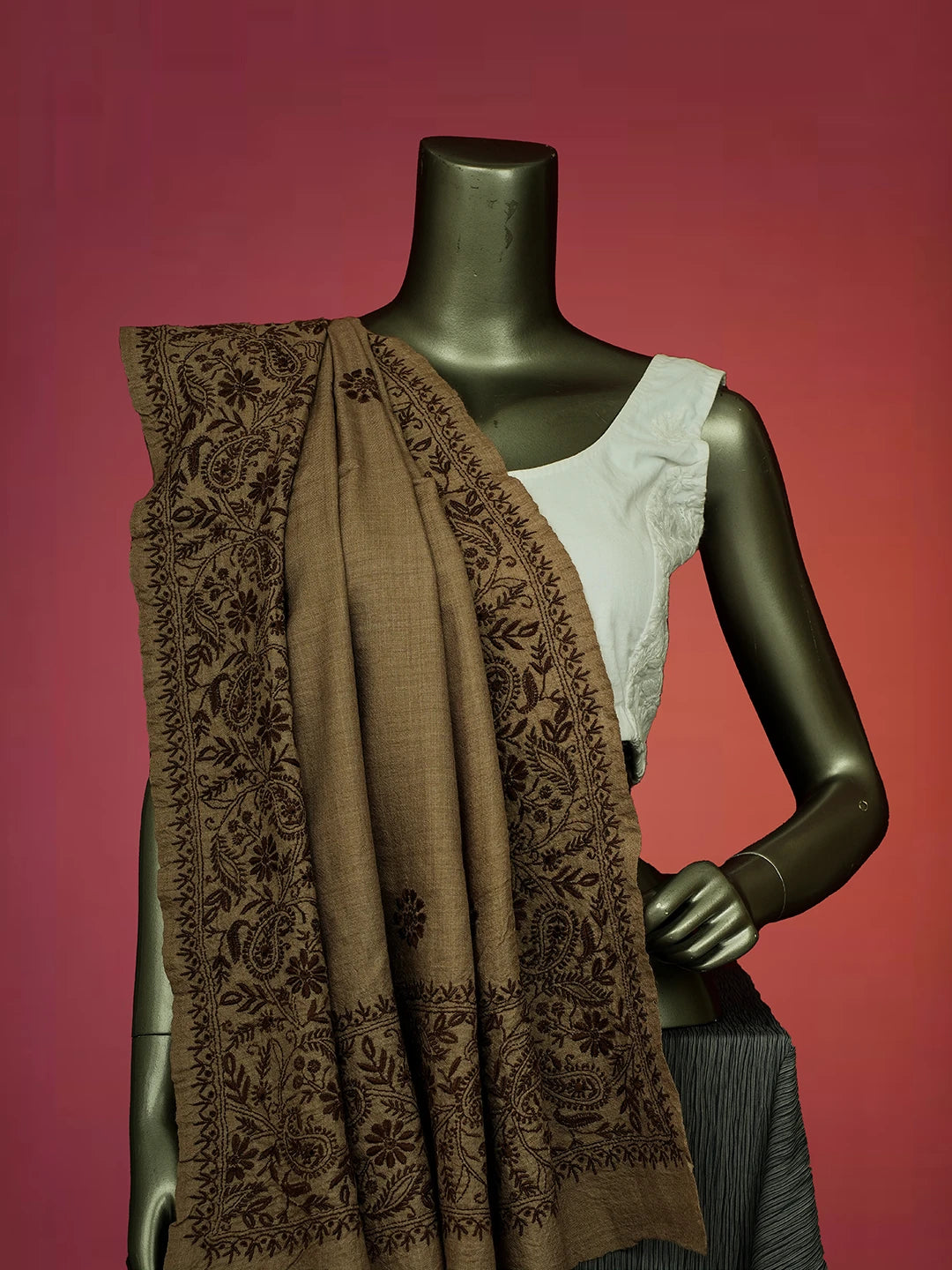 Ada Hand Embroidered Brown Pashmina Lucknowi Chikankari Do Taar Shawl 01A536054
