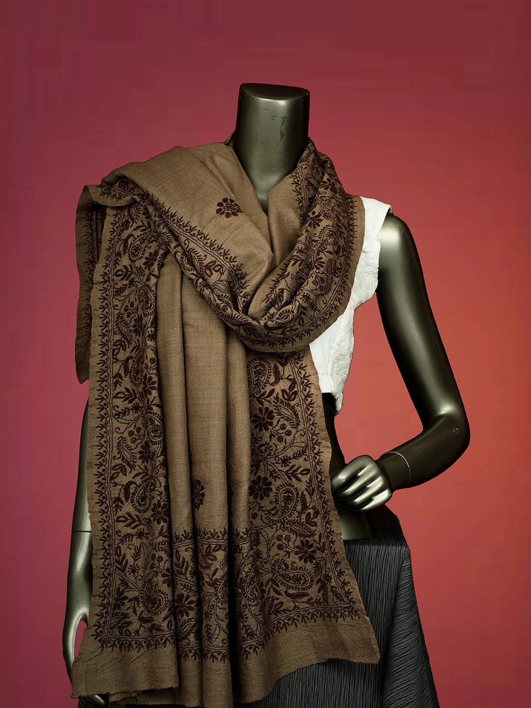 Ada Hand Embroidered Brown Pashmina Lucknowi Chikankari Do Taar Shawl 01A536054