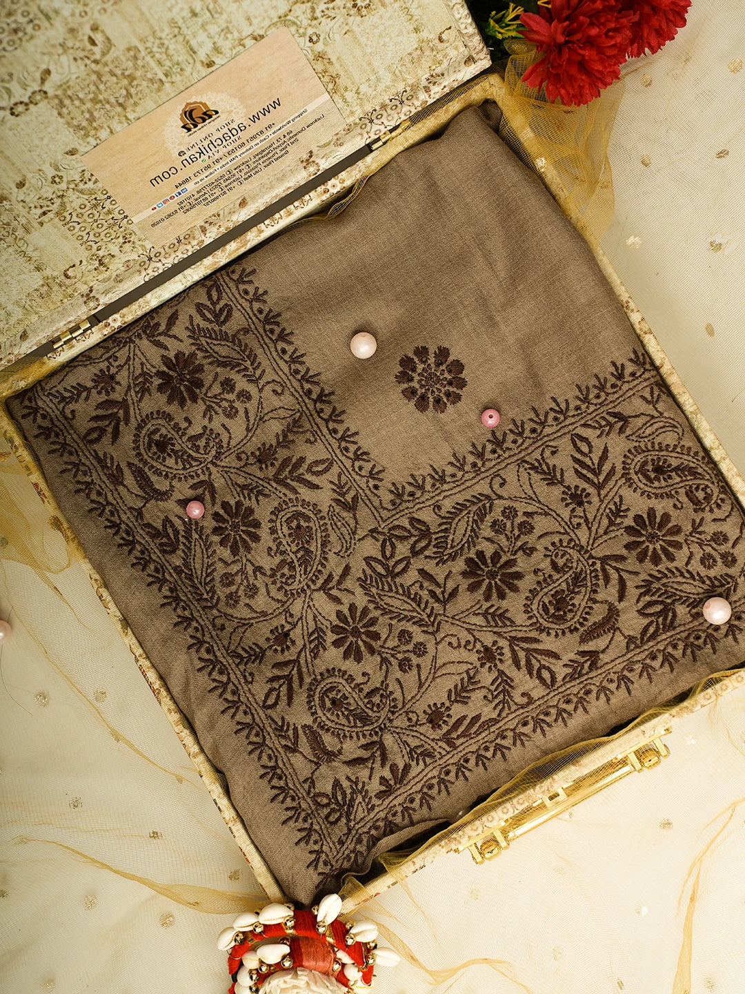 Ada Hand Embroidered Brown Pashmina Lucknowi Chikankari Do Taar Shawl 01A536054
