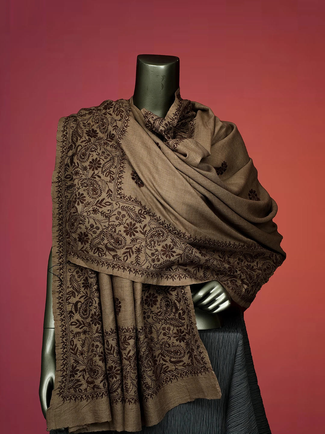 Ada Hand Embroidered Brown Pashmina Lucknowi Chikankari Do Taar Shawl 01A536054