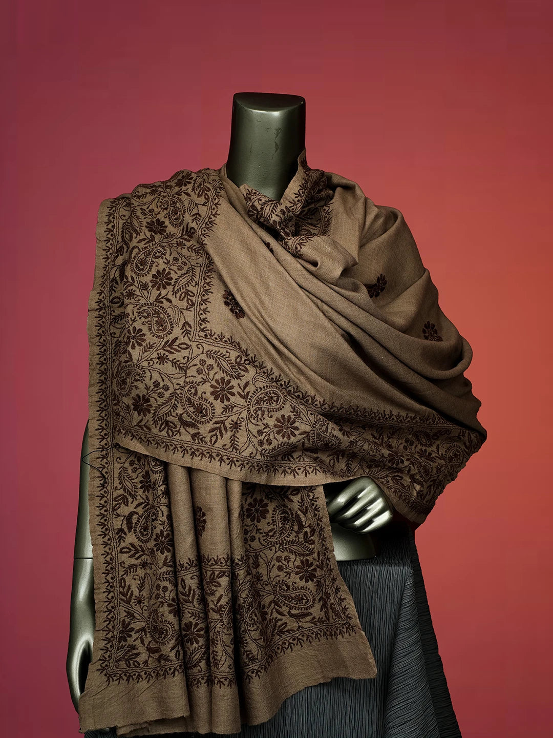 Ada Hand Embroidered Brown Pashmina Lucknowi Chikankari Do Taar Shawl 01A536054