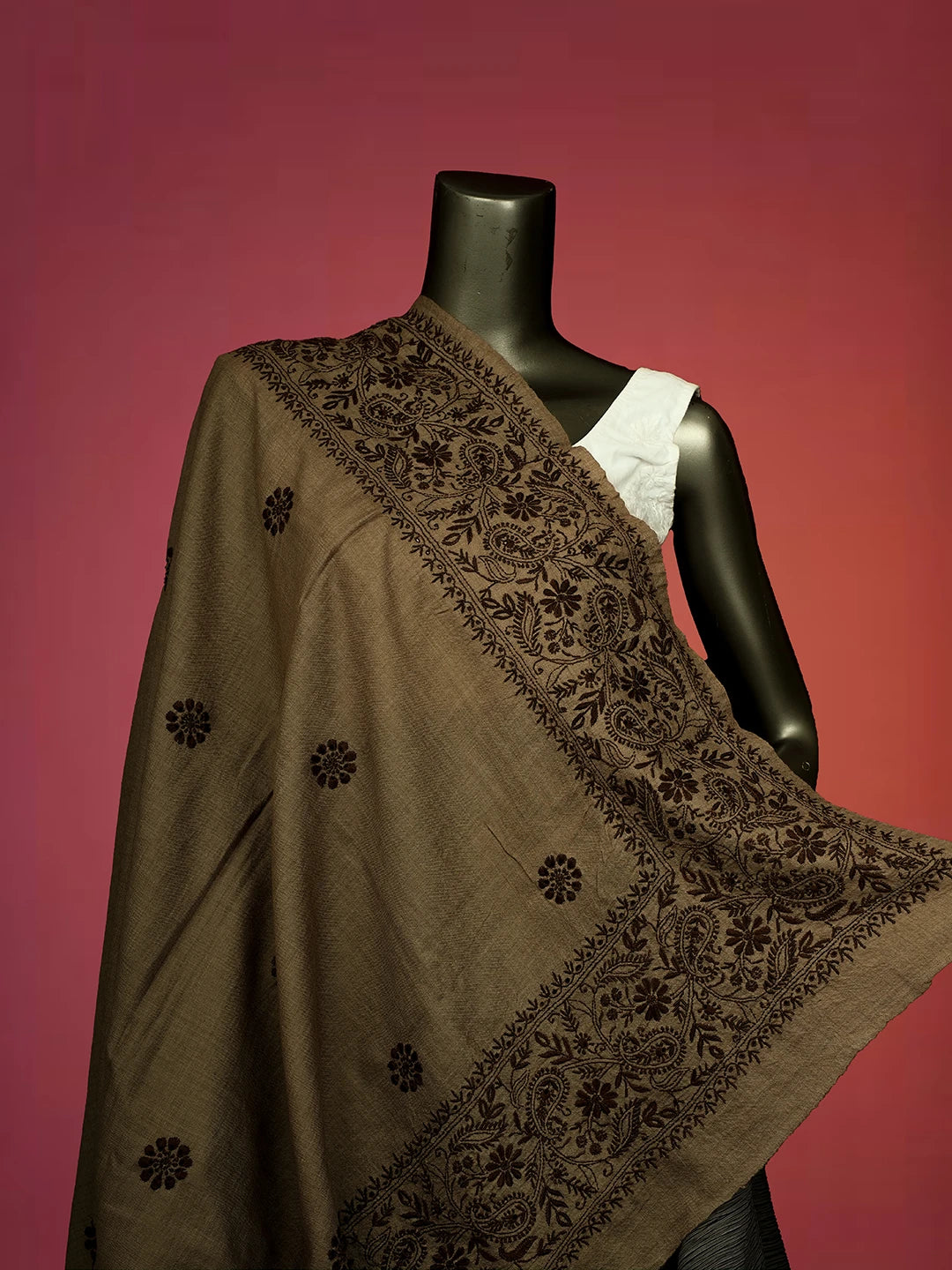 Ada Hand Embroidered Brown Pashmina Lucknowi Chikankari Do Taar Shawl 01A536054