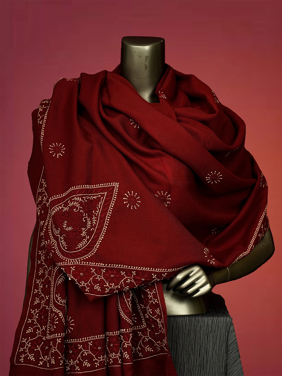 Ada Hand Embroidered Maroon Pashmina Lucknowi Chikankari Teen Taar Shawl 01A334904
