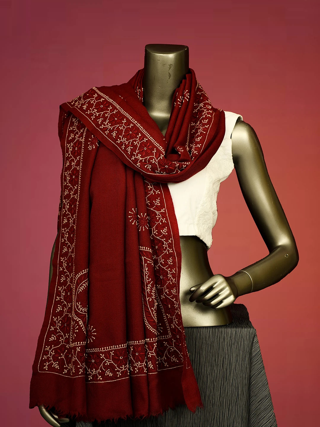 Ada Hand Embroidered Maroon Pashmina Lucknowi Chikankari Teen Taar Shawl 01A334904