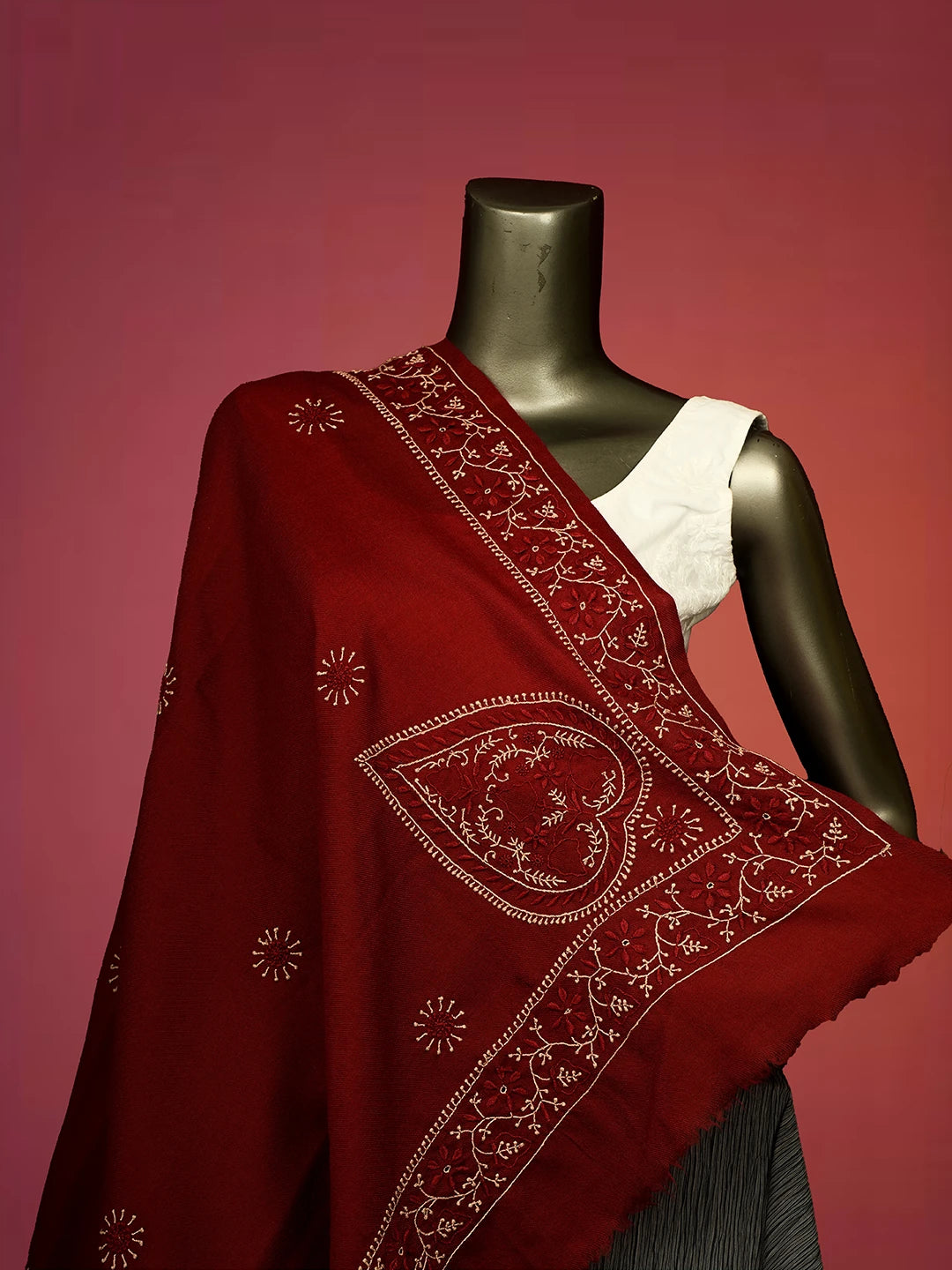 Ada Hand Embroidered Maroon Pashmina Lucknowi Chikankari Teen Taar Shawl 01A334904