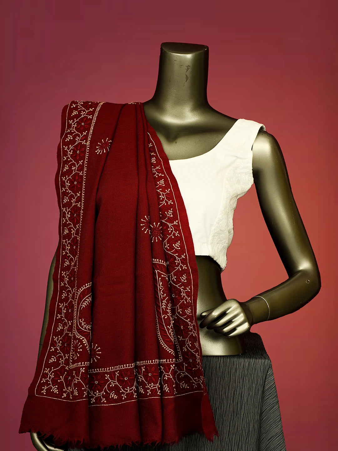 Ada Hand Embroidered Maroon Pashmina Lucknowi Chikankari Teen Taar Shawl 01A334904