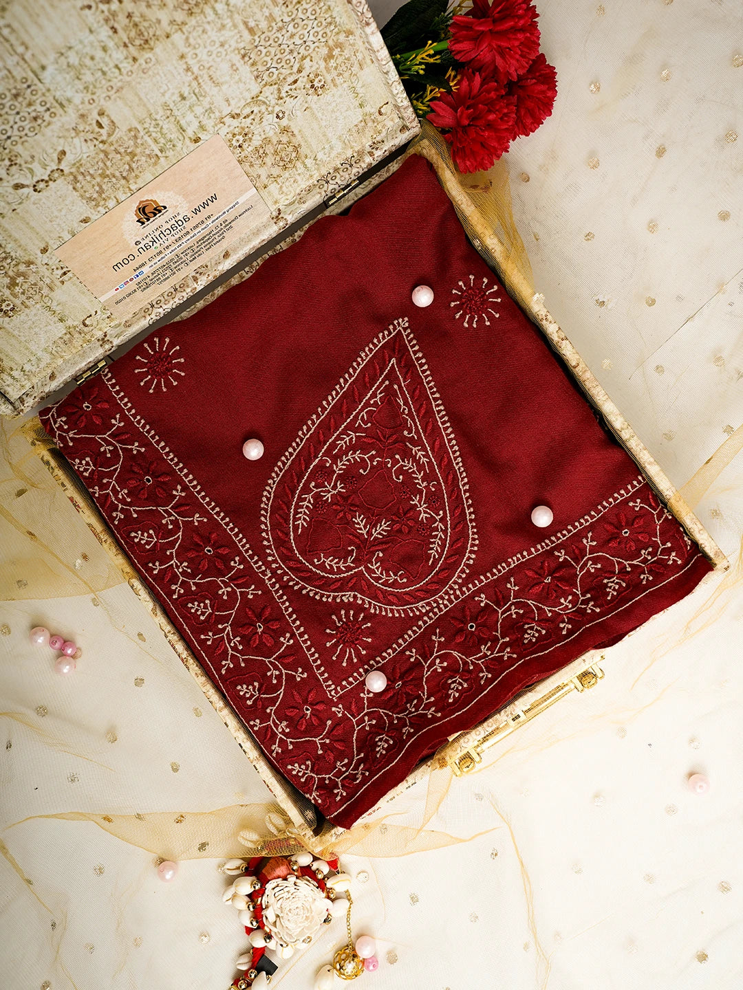 Ada Hand Embroidered Maroon Pashmina Lucknowi Chikankari Teen Taar Shawl 01A334904