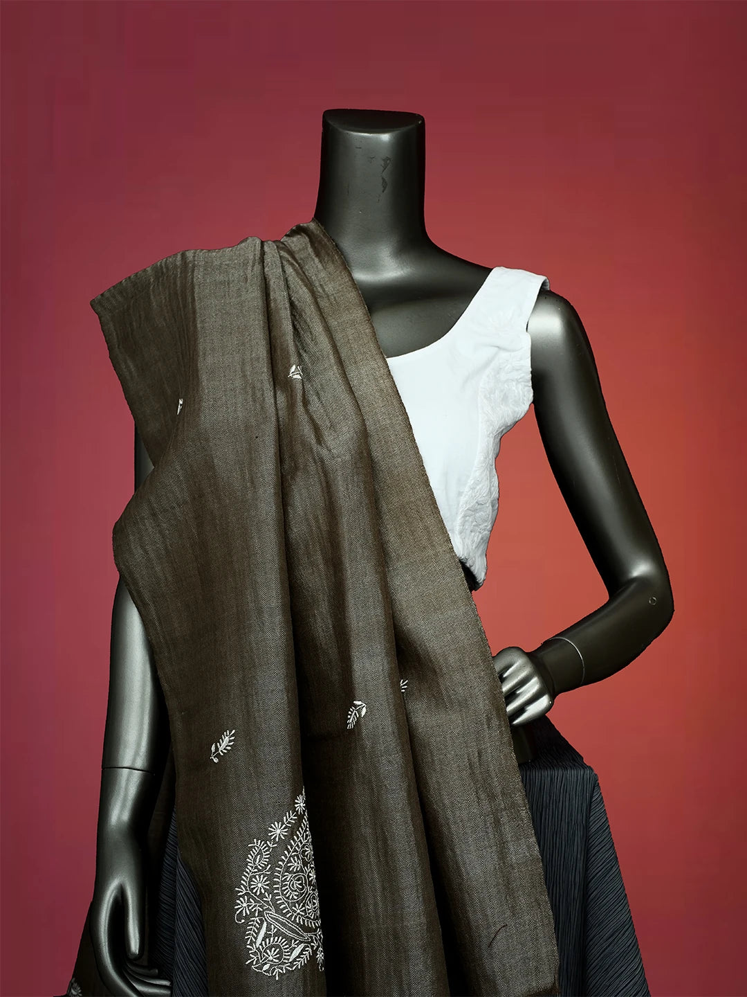 Ada Hand Embroidered Wood Brown Woolen Lucknowi Chikankari Teen Taar Shawl A625487