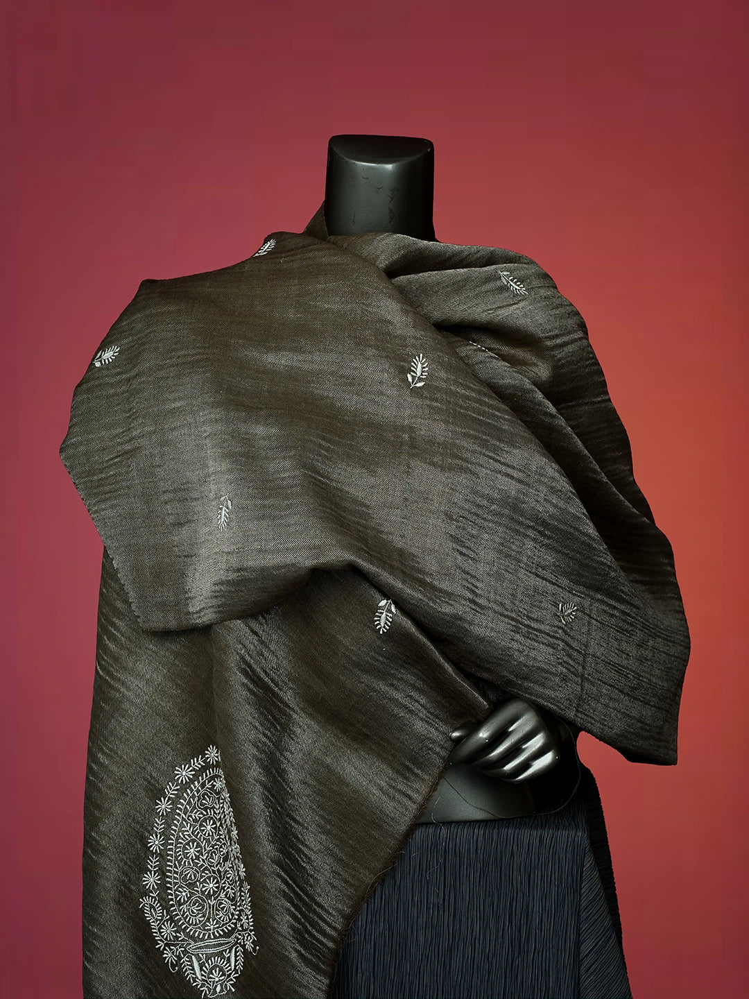 Ada Hand Embroidered Wood Brown Woolen Lucknowi Chikankari Teen Taar Shawl A625487