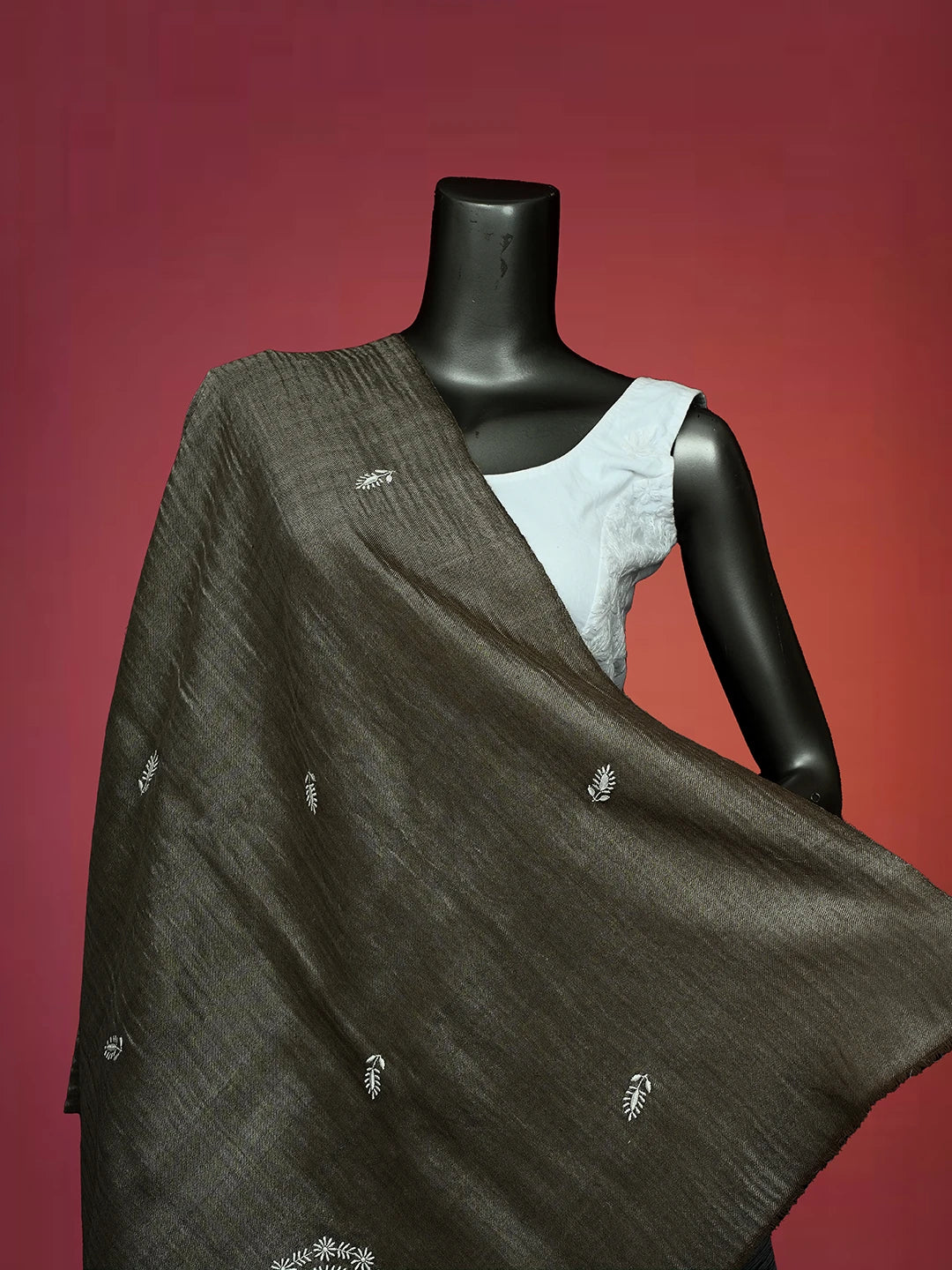 Ada Hand Embroidered Wood Brown Woolen Lucknowi Chikankari Teen Taar Shawl A625487