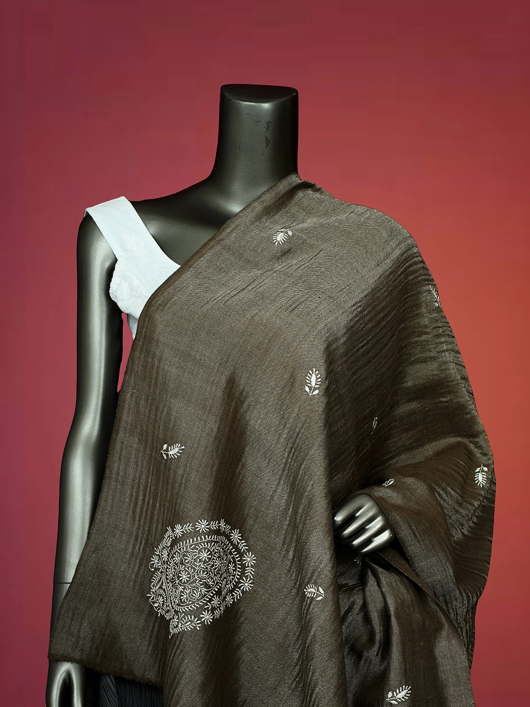 Ada Hand Embroidered Wood Brown Woolen Lucknowi Chikankari Teen Taar Shawl A625487