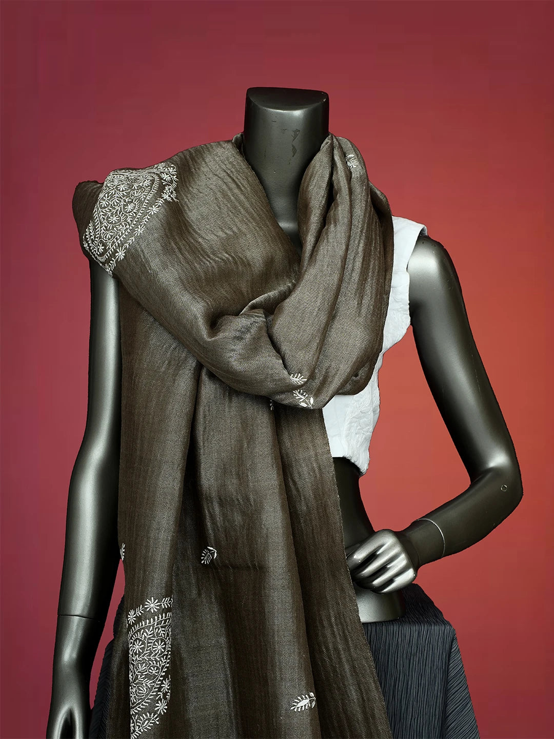Ada Hand Embroidered Wood Brown Woolen Lucknowi Chikankari Teen Taar Shawl A625487