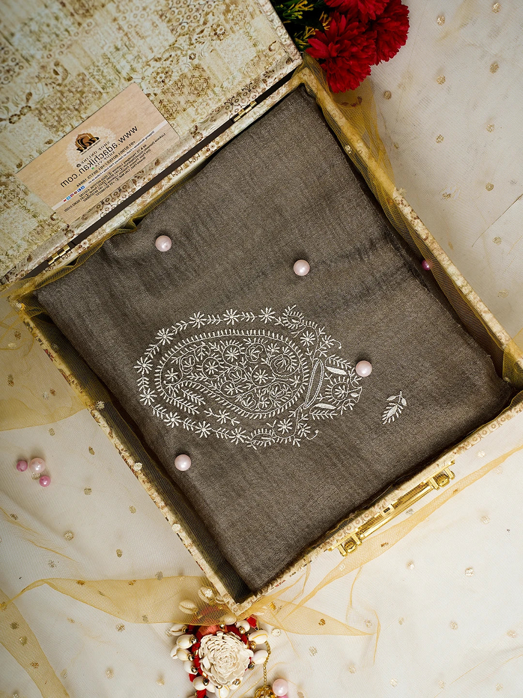 Ada Hand Embroidered Wood Brown Woolen Lucknowi Chikankari Teen Taar Shawl A625487