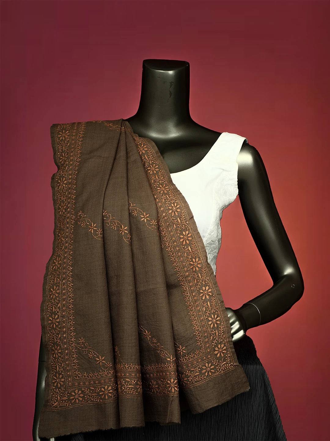 Ada Hand Embroidered Brown Pashmina Lucknowi Chikankari Do Taar Shawl 01A536064