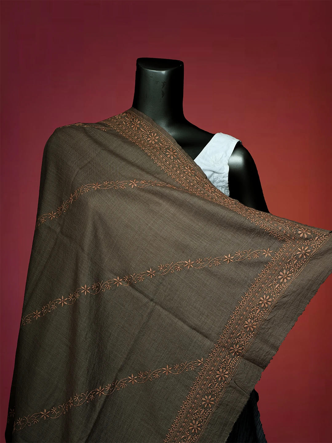 Ada Hand Embroidered Brown Pashmina Lucknowi Chikankari Do Taar Shawl 01A536064