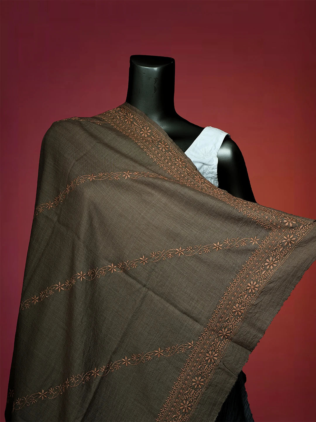 Ada Hand Embroidered Brown Pashmina Lucknowi Chikankari Do Taar Shawl 01A536064