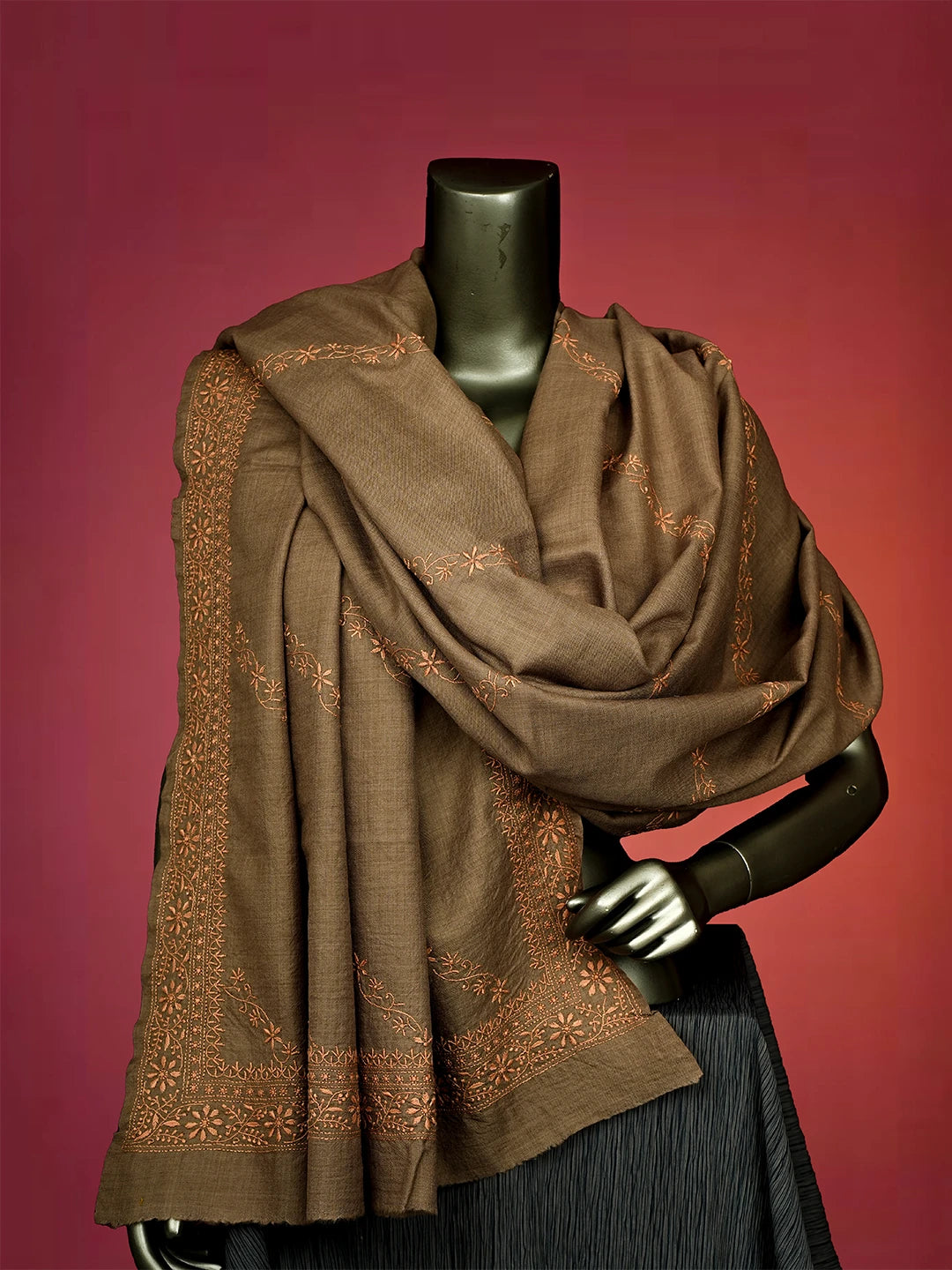 Ada Hand Embroidered Brown Pashmina Lucknowi Chikankari Do Taar Shawl 01A536064