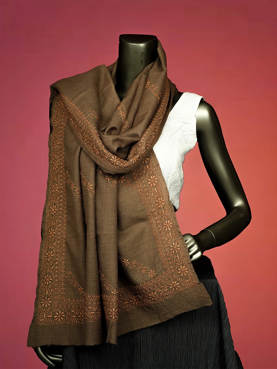 Ada Hand Embroidered Brown Pashmina Lucknowi Chikankari Do Taar Shawl 01A536064