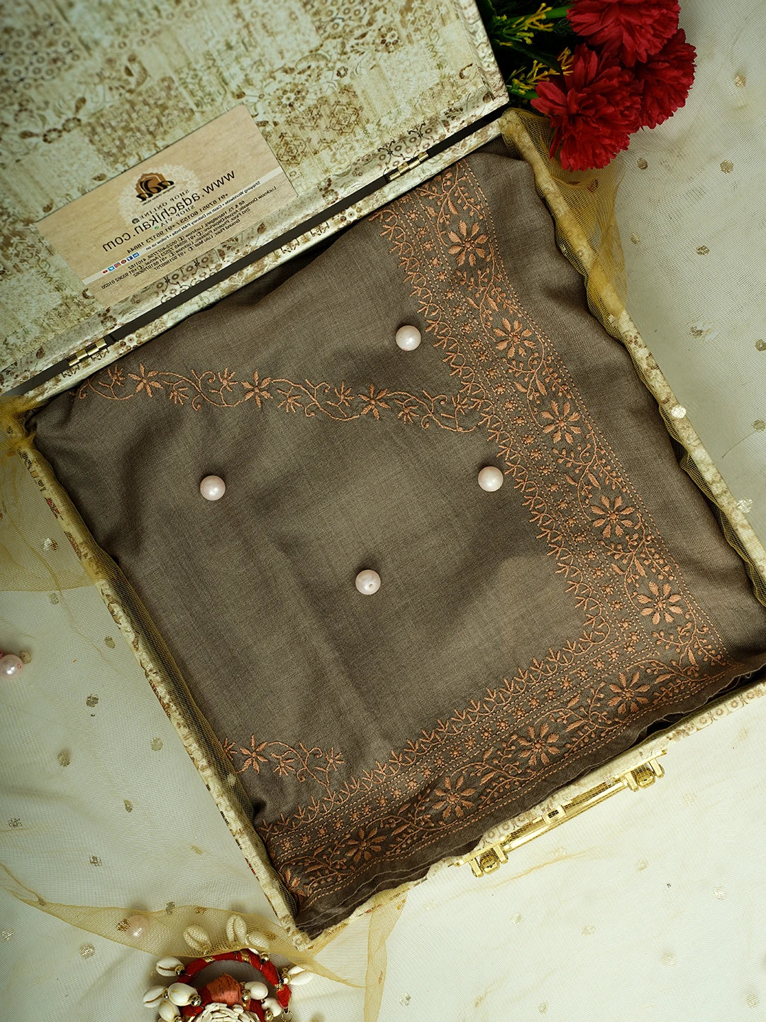 Ada Hand Embroidered Brown Pashmina Lucknowi Chikankari Do Taar Shawl 01A536064