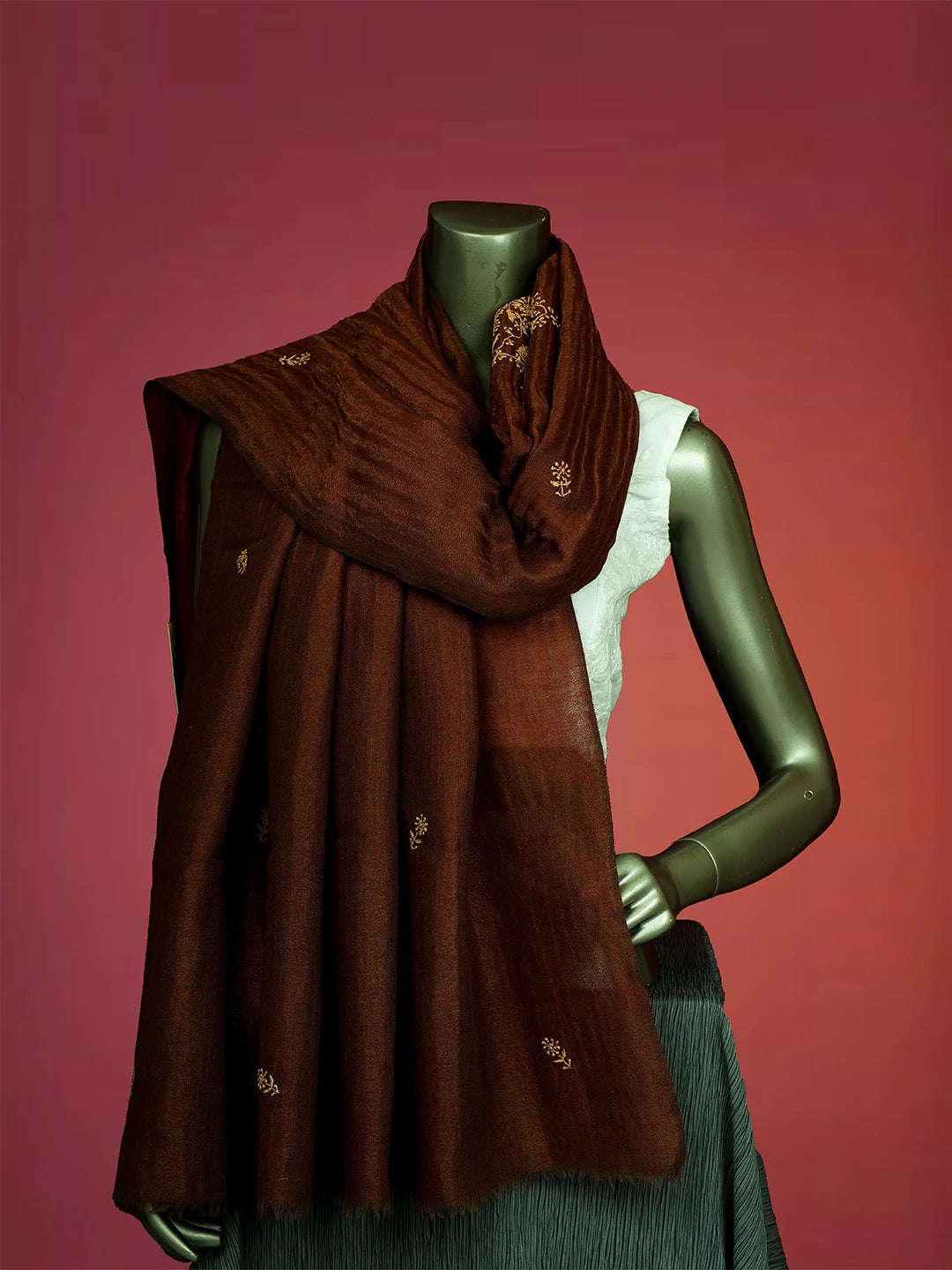 Ada Hand Embroidered Brown Tissue Pashmina Lucknowi Chikankari Teen Taar Shawl A244698