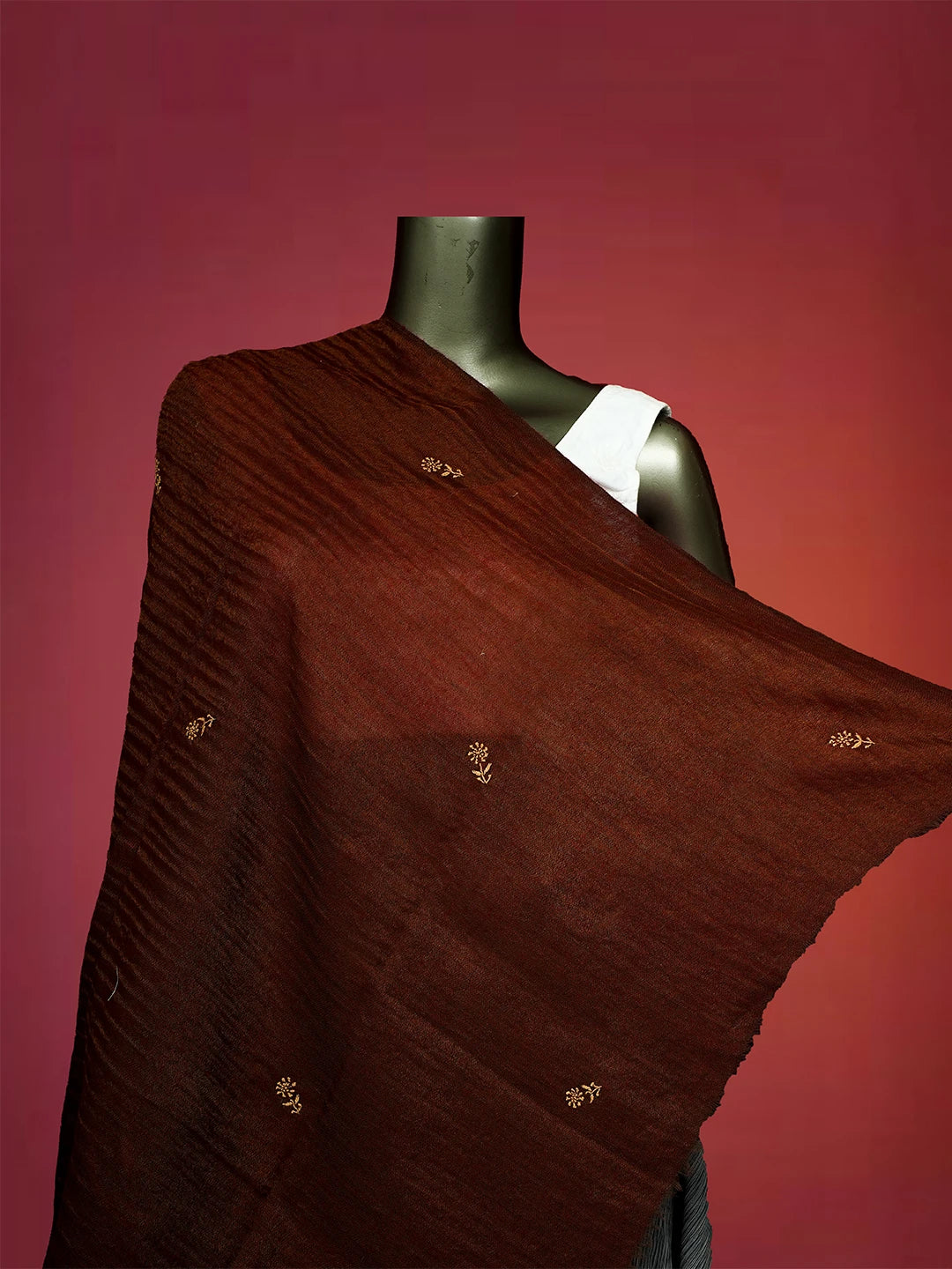 Ada Hand Embroidered Brown Tissue Pashmina Lucknowi Chikankari Teen Taar Shawl A244698