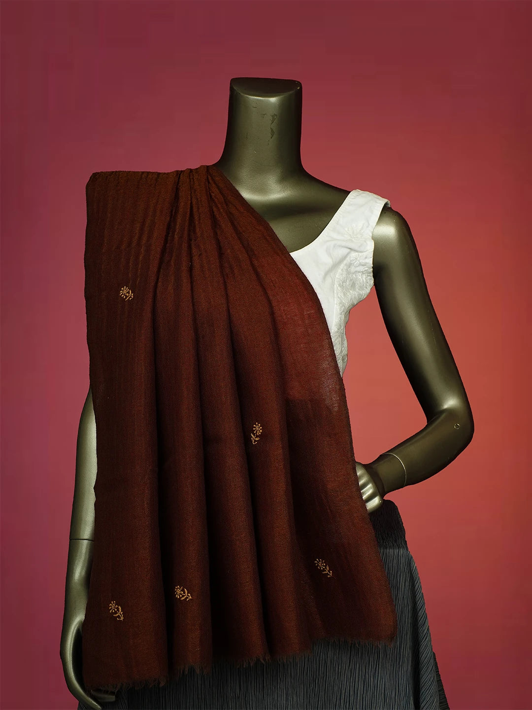 Ada Hand Embroidered Brown Tissue Pashmina Lucknowi Chikankari Teen Taar Shawl A244698