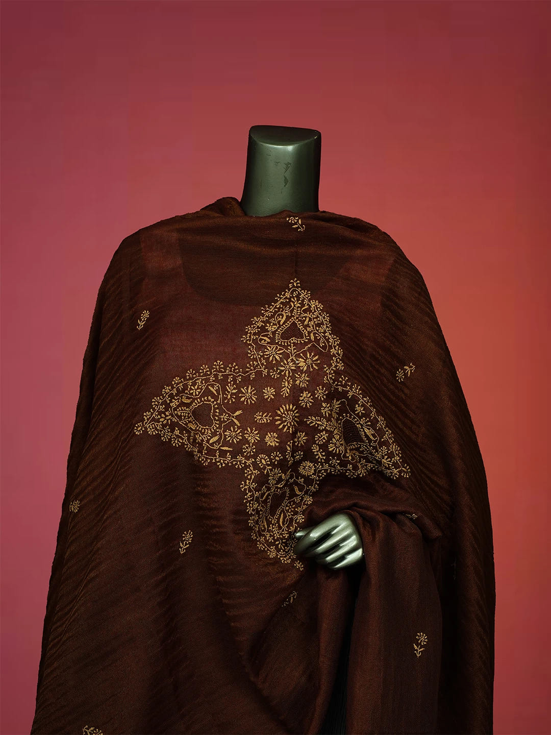 Ada Hand Embroidered Brown Tissue Pashmina Lucknowi Chikankari Teen Taar Shawl A244698