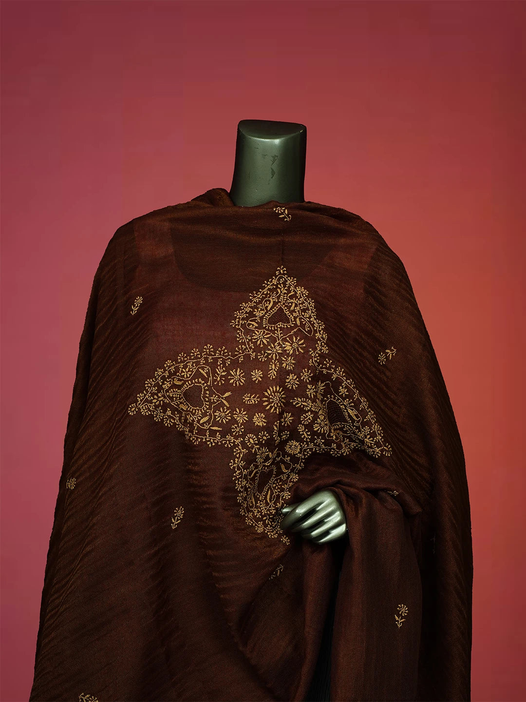 Ada Hand Embroidered Brown Tissue Pashmina Lucknowi Chikankari Teen Taar Shawl A244698